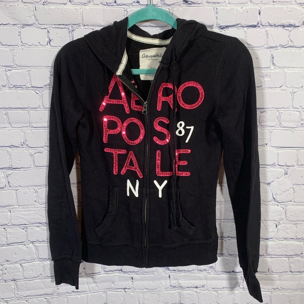 Aeropostale Womens Y2K Hooded Full Zip Sweatshirt Black Pink Sequin Sz S Casual